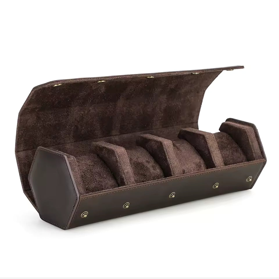 Genuine Leather Hexagon 1/2/3/4 Slots Watch Roll Case - Portable Watch Case Gift for Men