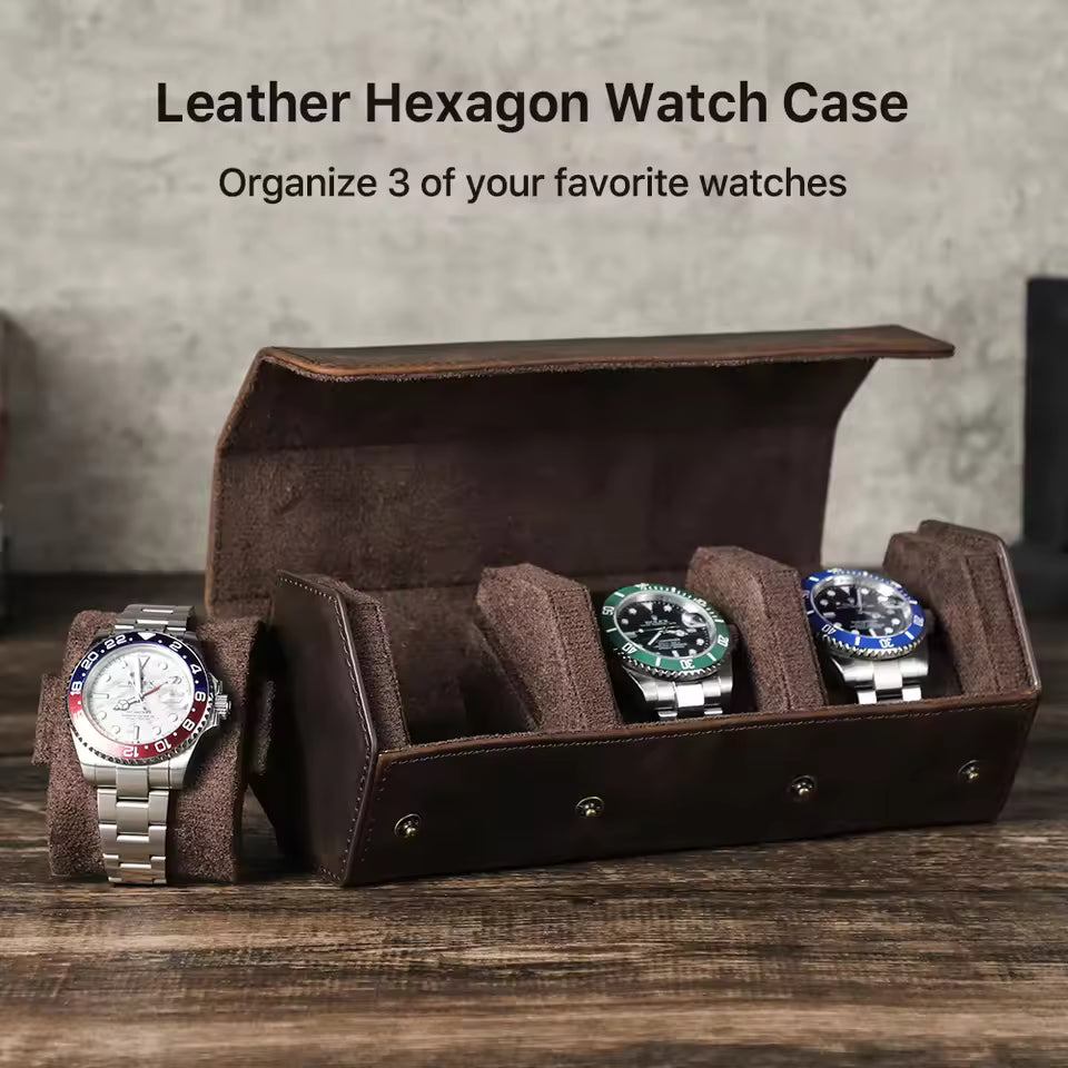 Genuine Leather Hexagon 1/2/3/4 Slots Watch Roll Case - Portable Watch Case Gift for Men