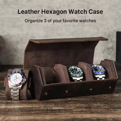 Genuine Leather Hexagon 1/2/3/4 Slots Watch Roll Case - Portable Watch Case Gift for Men