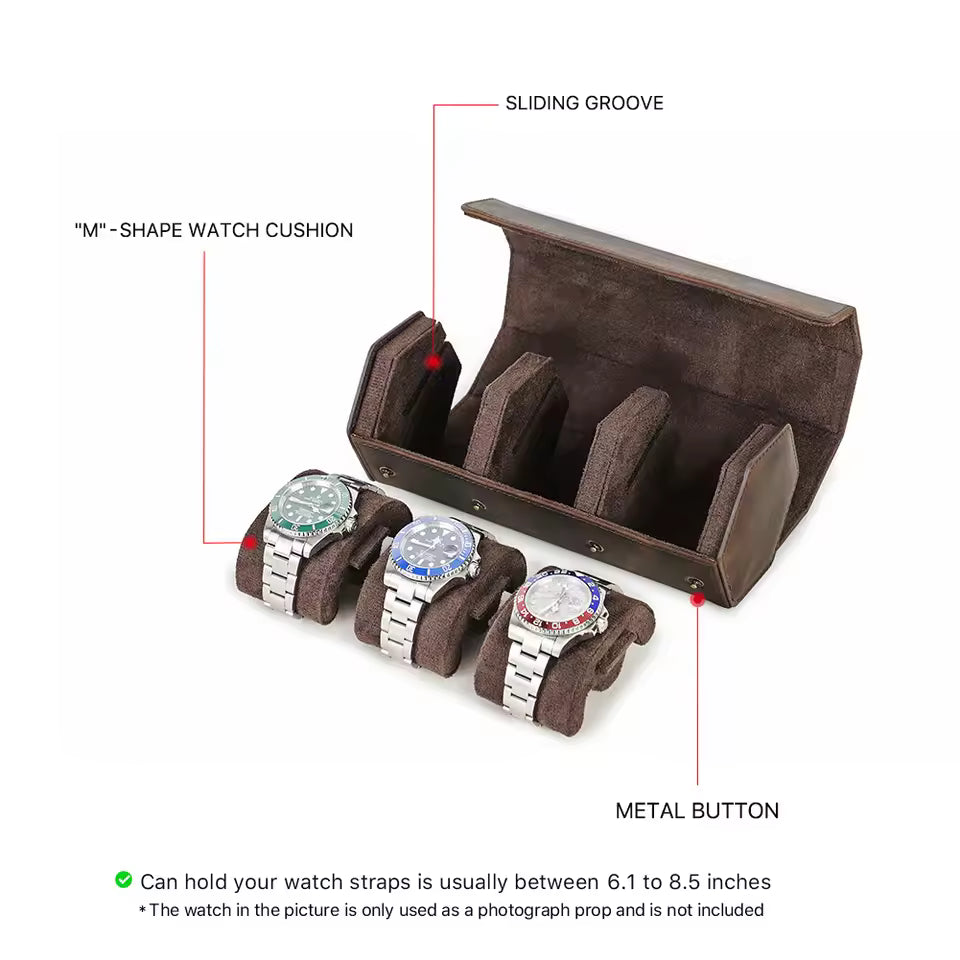 Genuine Leather Hexagon 1/2/3/4 Slots Watch Roll Case - Portable Watch Case Gift for Men