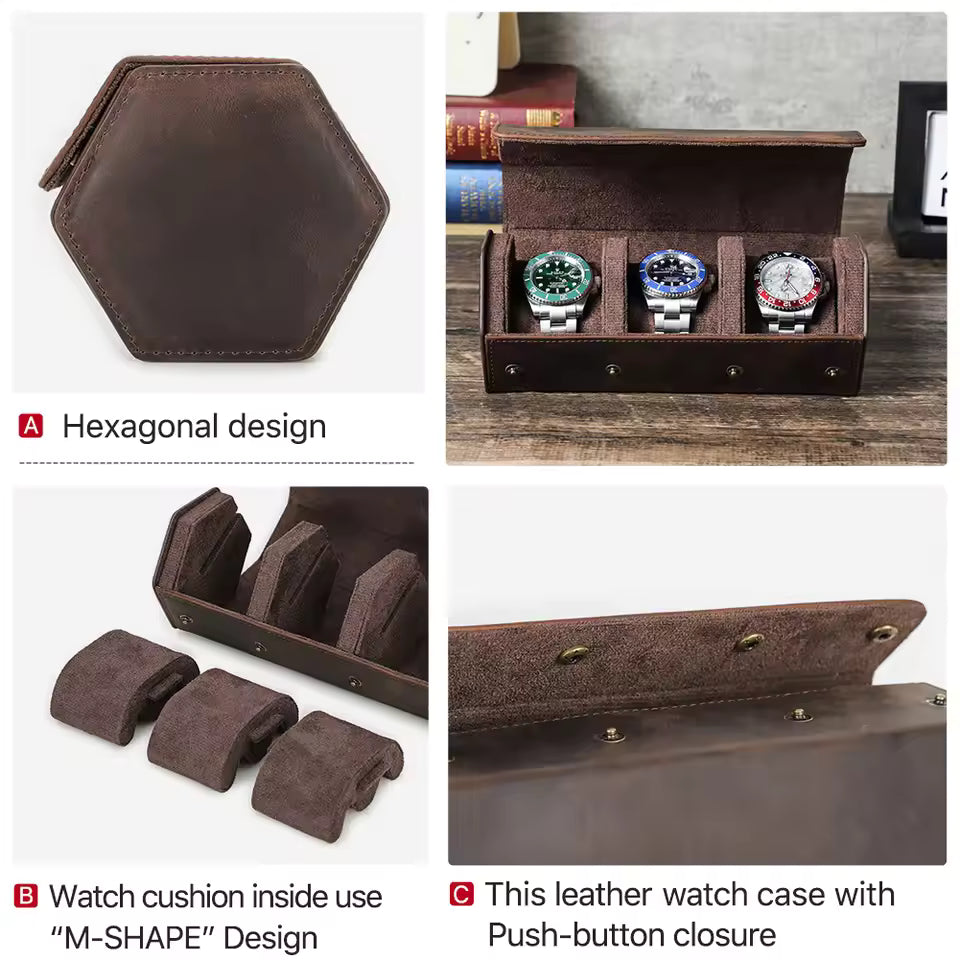 Genuine Leather Hexagon 1/2/3/4 Slots Watch Roll Case - Portable Watch Case Gift for Men