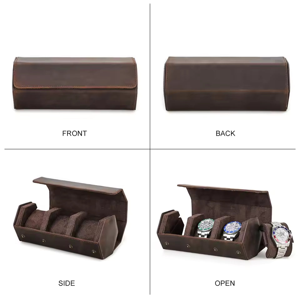 Genuine Leather Hexagon 1/2/3/4 Slots Watch Roll Case - Portable Watch Case Gift for Men