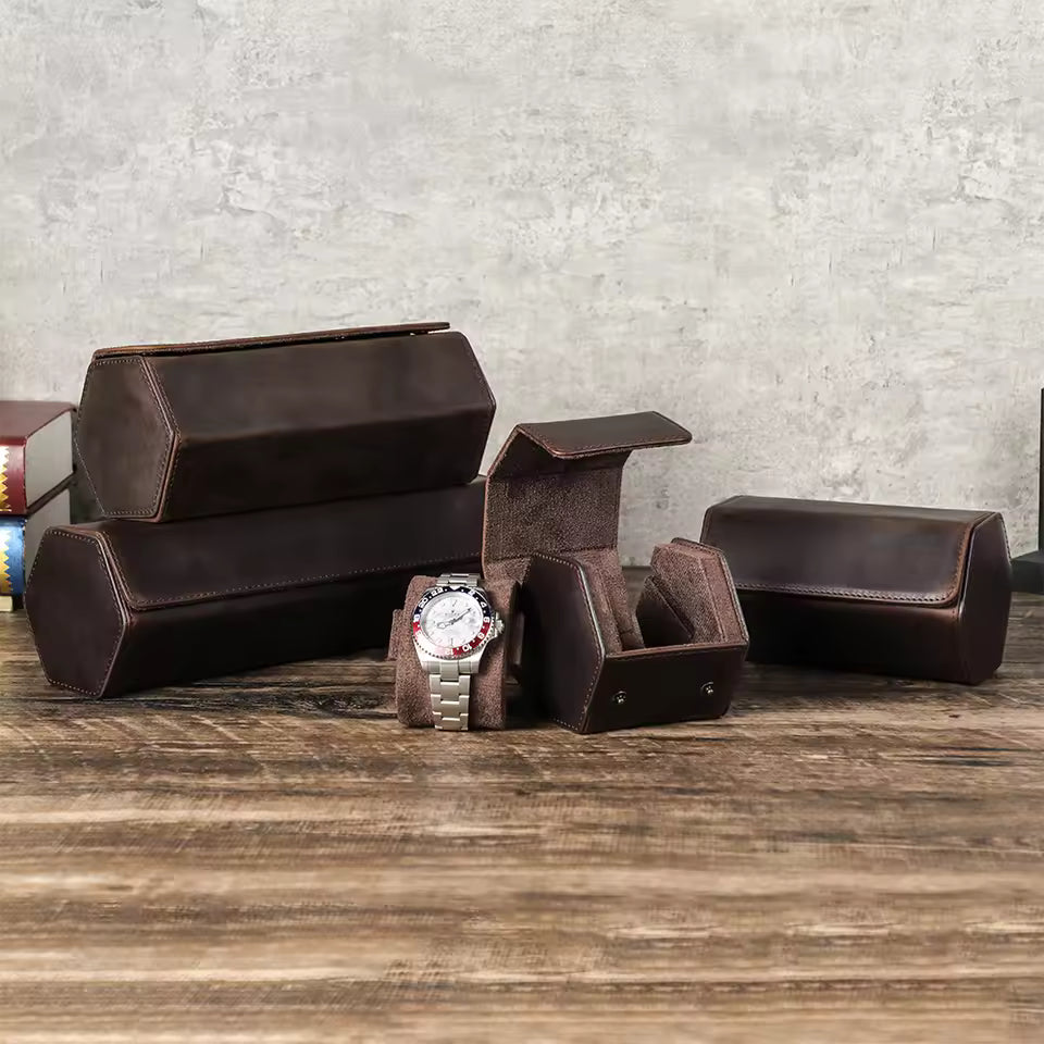 Genuine Leather Hexagon 1/2/3/4 Slots Watch Roll Case - Portable Watch Case Gift for Men