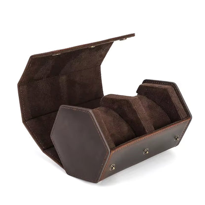 Genuine Leather Hexagon 1/2/3/4 Slots Watch Roll Case - Portable Watch Case Gift for Men