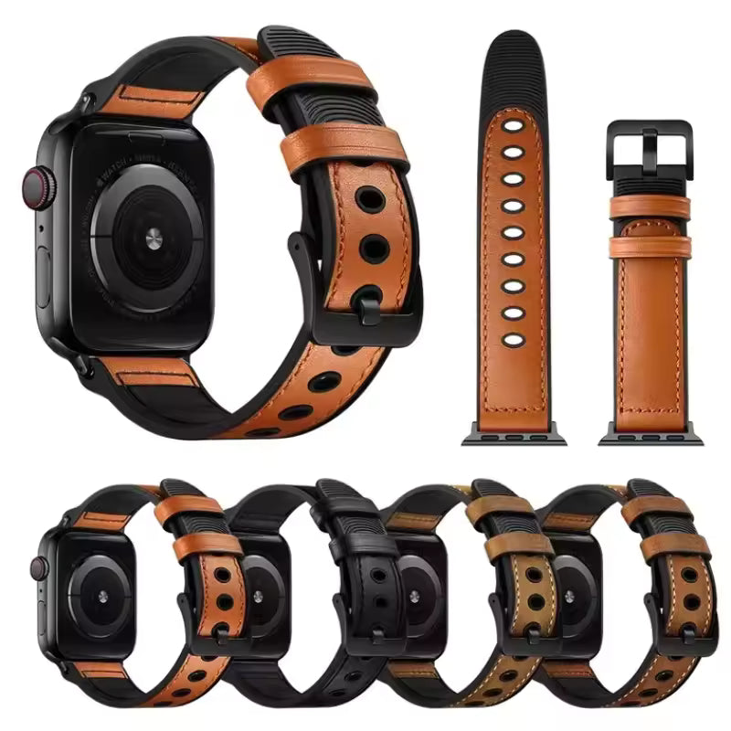 Wear-Resistant Silicone+Leather Strap for Apple Watch iWatch Ultra Band 49mm 45mm 41mm 44mm 40mm 46mm 42mm Series 10/9/8/7/6/5/4/SE