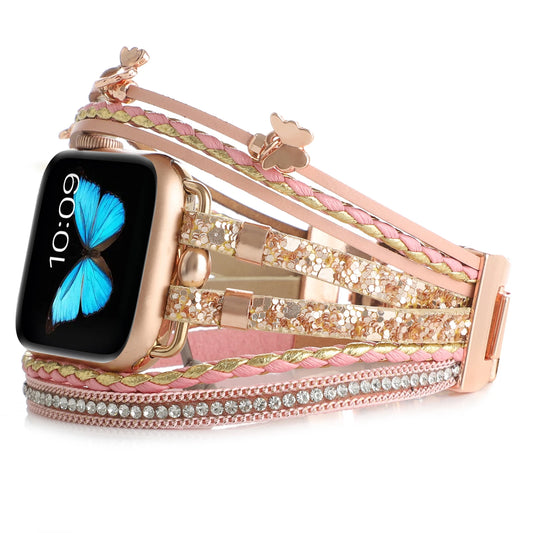 Women's Metal+Leather Jewelry Bracelet for Apple Watch Band iWatch Series Ultra2/10/9/8/7/6/5/4/SE