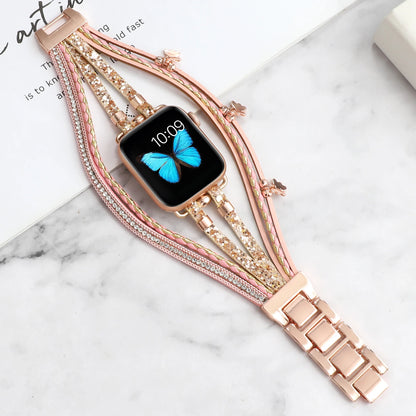 Women's Metal+Leather Jewelry Bracelet for Apple Watch Band iWatch Series Ultra2/10/9/8/7/6/5/4/SE