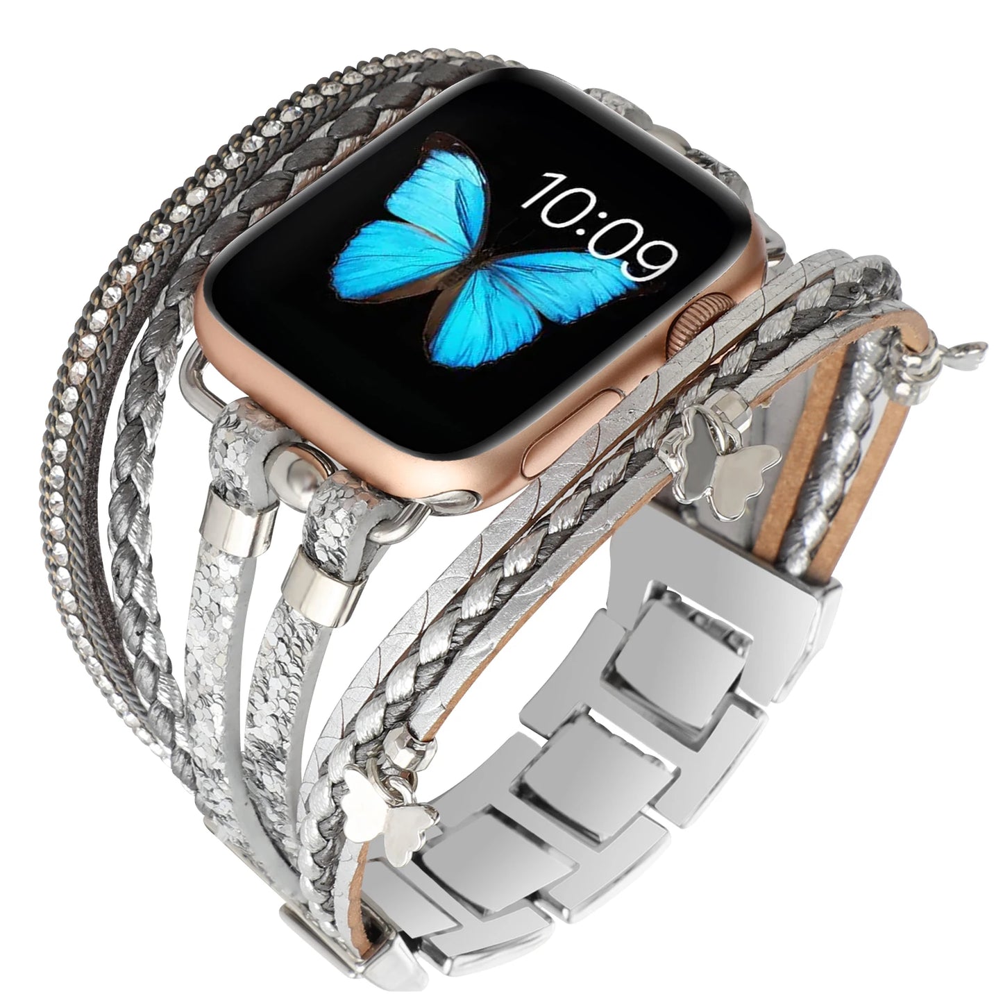 Women's Metal+Leather Jewelry Bracelet for Apple Watch Band iWatch Series Ultra2/10/9/8/7/6/5/4/SE