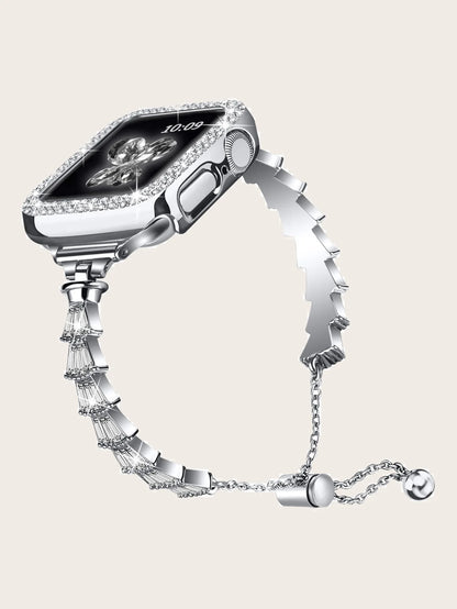 Women's Stainless Steel Diamond Strap+Glass Case for Apple Watch iWatch Band 45mm 44mm 42mm 41mm 40mm 38mm Series 9/8/7/6/5/4/3/SE