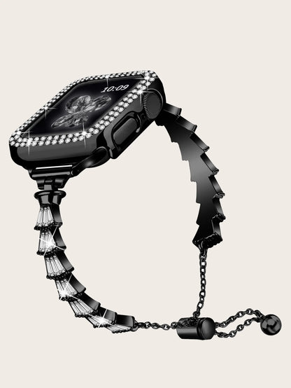 Women's Stainless Steel Diamond Strap+Glass Case for Apple Watch iWatch Band 45mm 44mm 42mm 41mm 40mm 38mm Series 9/8/7/6/5/4/3/SE