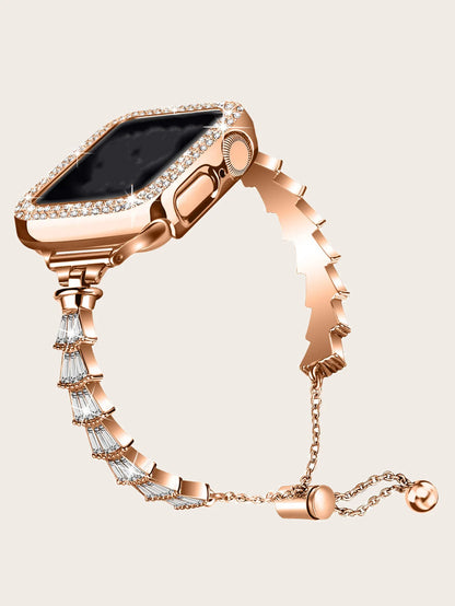 Women's Stainless Steel Diamond Strap+Glass Case for Apple Watch iWatch Band 45mm 44mm 42mm 41mm 40mm 38mm Series 9/8/7/6/5/4/3/SE